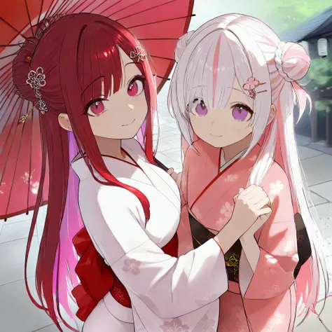 「 wearing a kimono 。 pale cherry colored hair
Turn it into bun hair、 wearing a gold hairpin
Ru 。With beautiful purple eyes 、 and smiles softly。 cherry
A cute Japanese-style girl wearing a gorgeous patterned furunose 、 holding a Japanese umbrella in her han...