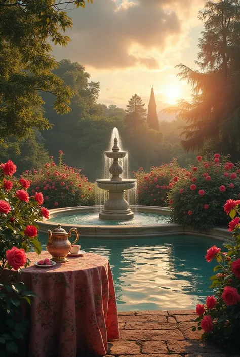 It's a picture from my point of view. It's a vintage rose garden in early 19th. There's a crystal water fountain I can see from the front right corner of my eye. And on the left side there is a beautiful table and on top of the table there's a cup of, tea ...