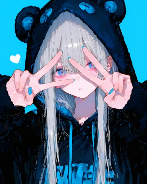 8K wallpaper、 Masterpiece、最     high quality    、     high quality    、 absurd、 latest、     in the seat、  beautiful skin、  black bear costume、 Grey hair、 long hair、 blue eyes、  beautiful eyes、 Light blue background、     high detail,  Masterpiece,  upper bo...