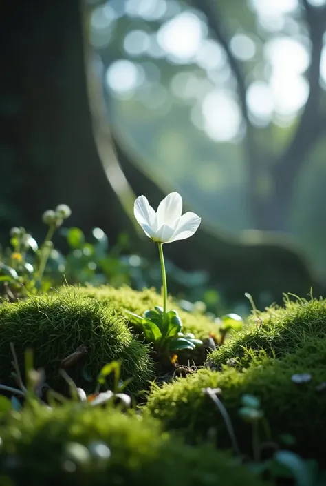 ( Masterpiece,  top quality:1.2), Super Detail、Yakushima、 unreal :1.2, scenery,no humans,  single white flower ,rich moss 、Large Tree、Mysterious, natural light, Reflection of light , clear air mysterious atmosphere、 Blur Background  