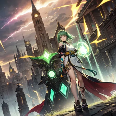 masterpiece, best quality, high resolution, dynamic angles, various angles, Japanese manga style, Japanese anime style, Western medieval fantasy style, On top of the tower、Lightning strikes the sky in the background 。 caught by a green jewel 、 dazzling yel...