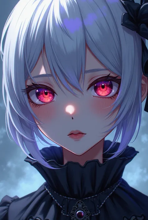    Image of an anime girl  , short albino hair with purple reflections and blue and red eyes  ,    with lost lenses looks 20 years old what medieval villanesque clothing?, cold look
