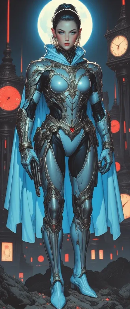 Cinderella stands as a bold and futuristic anime heroine in a shimmering cyberpunk warrior fusion suit. The suit is a stunning blend of metallic silver and sky blue, with glowing glass-like armor pieces on her shoulders, arms, and boots, evoking the feel o...