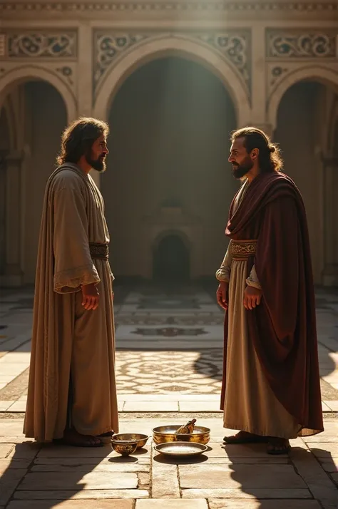 A cinematic and biblical epic scene: A humble guest, dressed in worn robes, confronts the wealthy host in a grand courtyard. The host’s face shows surprise and guilt, while the guest points to the empty plates and cups, symbolizing the deceit. The textures...