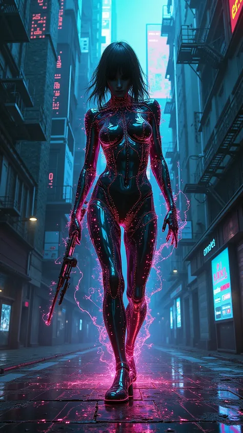 "Surreal anamorphic stereogram of a cyber assassin, ultra-detailed, 4k resolution. The assassin's body warps into fractal patterns, blending glitching neon circuitry with hidden 3D illusions. Sharp geometric shapes morph into liquid chrome, revealing a sec...