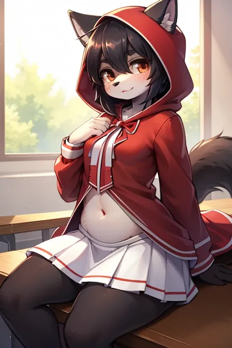  top quality,   super high resolution,(( cute middle school girl)),Bushy body hair 、Black Wolf Ears 、black wolf tail、 semi-long black hair, brown eyes, Little Red Riding Hood,white and red costume、