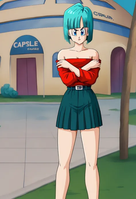 Bulma,  short hair , aquamarine hair, bob cut style .,  water colored hair ,  Bangs ,  blue eyes, attire, From Saga de los Androides ,  strapless red shirt ,  Red Pleated Skirt  , off-the-shoulder, cowboy grip ,  looking sideways , serious guy.  tall cowgi...