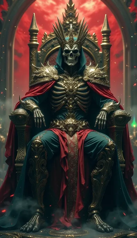 Undead Emperor, skeletal monarch in ornate obsidian armor, crimson cape billowing. Towering on ebony throne, golden crown adorned with souls. Legions of spectral knights, ghostly cavalry. Looming gothic citadel, jagged spires piercing blood-red sky. Ethere...