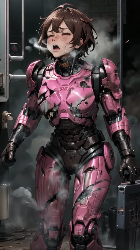 ,      very detailed from outside the window ,   more info  ,     HD   , 最    HD   ,      high resolution    , 1080P 、    smoke coming out of her wounds all over pink 　 woman with pink armor full of scars 　 Steam Coming Out     、 cute(( serious damage to t...