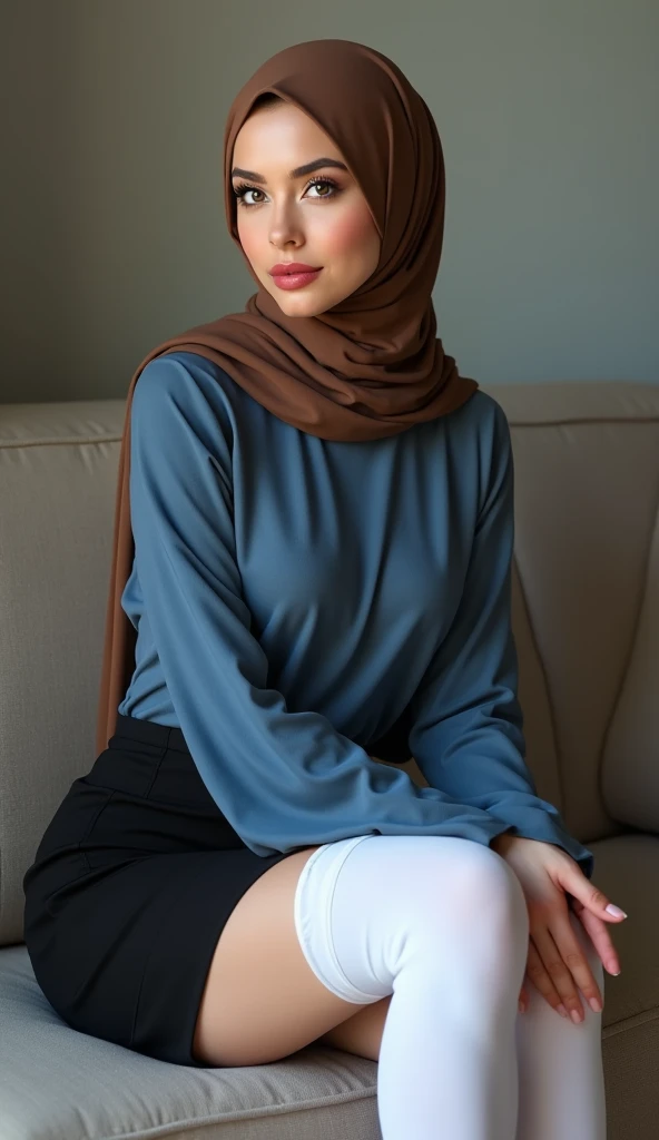 Photorealistic european hijabi woman, 160cm high, ((smooth skin, pale skin)), pink lipstick, brown eyes, long eyelashes, full lips, smokey eyeshadow, wide hips, curved ass, ((wearing tight blue top, tight sleeves, wide black mini skirt, white thighhigh soc...