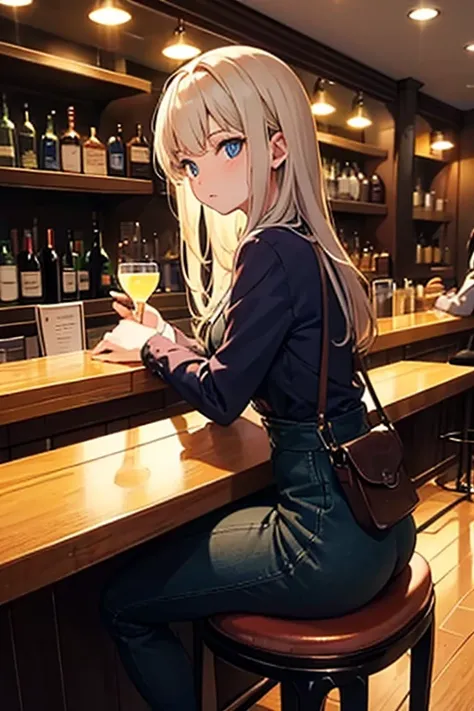 There is a woman with long flax-colored hair sitting at the bar counter 。Sitting on the sofa at the bar。