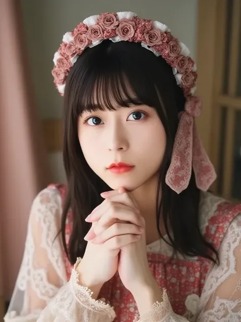  Japanese girls、 so cute、a beauty girl、s、( Gothic Lolita Fashion)、 beautiful face, Eye and Skin with Exquisite Details 、Fine black hair、Elegant frills、Ruffled tie、ribbon tie 、 rose hair accessory、( smiling at the camera )、( Cowboy Shots)、(European Castles)...