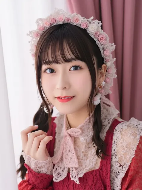  Japanese girls、 so cute、a beauty girl、s、( Gothic Lolita Fashion)、 beautiful face, Eye and Skin with Exquisite Details 、Fine black hair、Elegant frills、Ruffled tie、ribbon tie 、 rose hair accessory、( smiling at the camera )、( Cowboy Shots)、(European Castles)...