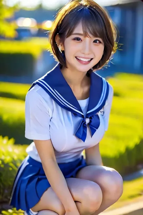 (( top quality))､(( best image quality))､(( greatest masterpiece in history))､ professional lighting､ 1 Japanese woman ,18 years old,( pixie cut hair:1.5)､( short cut hair on side)､ cute face､((Above the knees composition))､(( school uniform))､( squatting ...