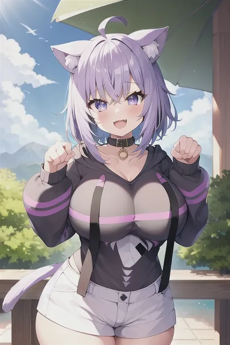 1girl, purple hair, white shorts, standing, paw pose, smile, park, outdoors, fangs, huge breasts, wide hips, thick thighs, aaokayu, short hair, ahoge, animal ears, cat tail, animal collar, black collar, collarbone, print hoodie, black hoodie, long sleeves,...