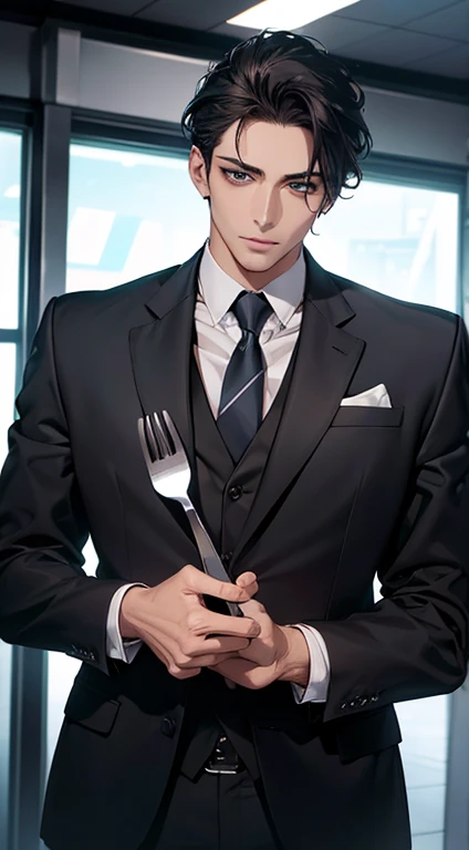 ( High quality cutlery,4K,8k, High resolution, masterpiece:1.2),super detailed,(realistic,photorealistic,photo-realistic:1.37),1 person, 35 year old ,Mature men,beautiful skin、Very beautiful, inexpressive, short gray black hair, green eyes, sharp eyes ,A p...