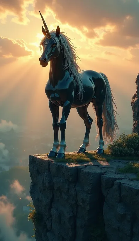 a majestic black unicorn with a mane of cascading silver threads stands atop a jagged cliff under a sky ablaze with the colors of dawn. Its spiraling horn glows faintly, and its breath forms clouds in the crisp, magical air. Far below, a sparkling emerald ...