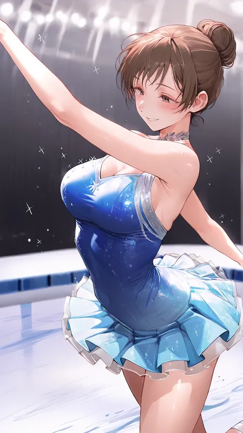 A woman are ice dancing, Indoor skating rink, my skirt is fluttering, blue mini dress, small one hair bun, solo, masterpiece, high resolution, best quality, (jump:1.4), nitta minami