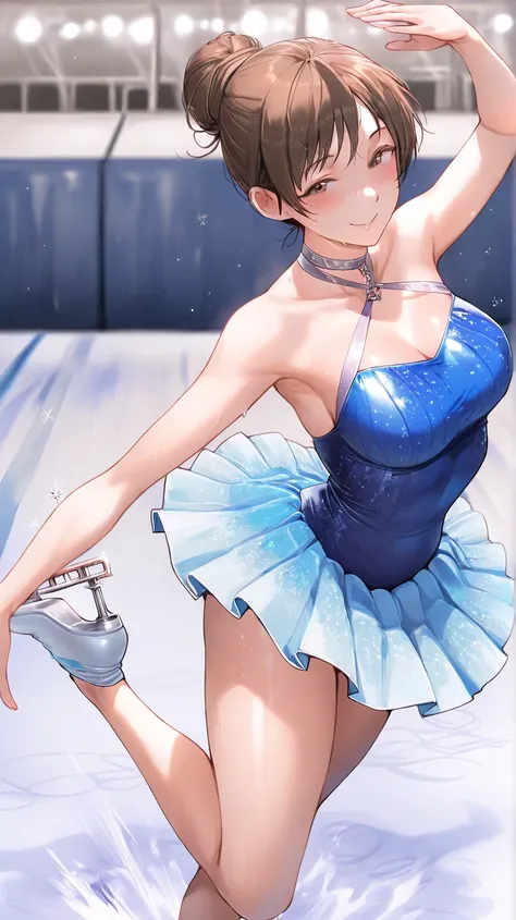 A woman are ice dancing, Indoor skating rink, my skirt is fluttering, blue mini dress, small one hair bun, solo, masterpiece, high resolution, best quality, (jump:1.4), nitta minami