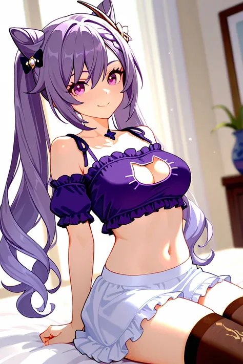 8k,masterpiece, best quality, ultra detailed, high resolution, super fine illustration,Keqing (Genshin impact), 1girl, solo, smile,purple eyes, purple hair, cone hair bun, double bun, braided bangs, long hair, medium breasts, casual style,cat cutout, frill...