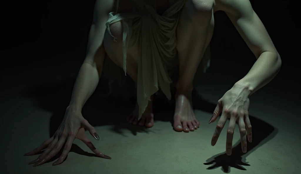 A detailed close-up of the eerie woman—Her limbs are unnaturally twisted, her joints reversed in an impossible manner. Her hands seem stretched and deformed, fingers elongated and sharp. Her shadow on the ground does not match her twisted form, making the ...