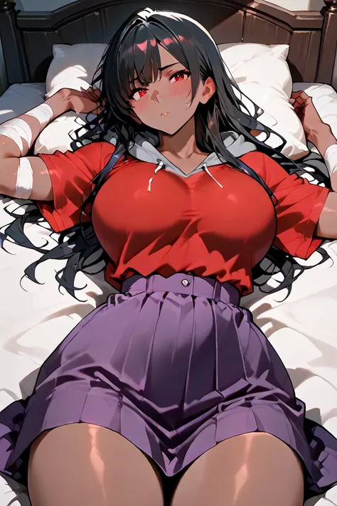  a woman.  Body:  dark skin,  Body sexy,  brown skin,  long black hair,  red eyes. Clothes:  red shirt showing neckline, gray hooded sweatshirt, purple skirt and bandages on the arms. Scenery: Lying in bed blushing.