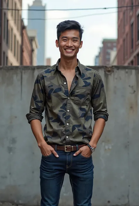 AN ASIAN MALE MODEL SMILING, WEARING SHIRT WITH GEOMETRIC PATTERN, JEANS, STANDING, POWER POSE, CONCRETE WALL, NEW YORK CITY, STREET PHOTOGRAPHY