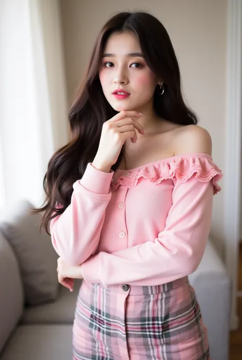 In this cozy indoor setting, a young woman stands confidently, embodying a playful yet chic vibe. She has long, flowing hair cascading down her back and is dressed in a soft pink off-shoulder sweater adorned with delicate ruffles along the neckline and sle...