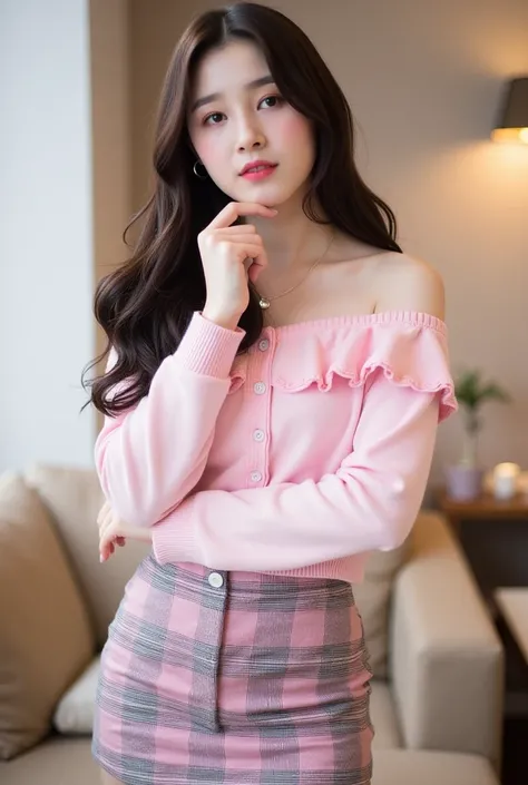 In this cozy indoor setting, a young woman stands confidently, embodying a playful yet chic vibe. She has long, flowing hair cascading down her back and is dressed in a soft pink off-shoulder sweater adorned with delicate ruffles along the neckline and sle...