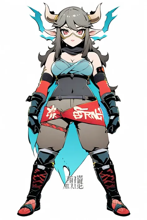  Cyberpunk Ninja Action Novel。One female ninja。((white background illustration ))。(( full body illustration))。(( standing))。Ninja mask。The Phantom of the Water Buffalo。Gray fleece。灰色の装束。The motif is a wild 。Large half-moon horn。 are strong。