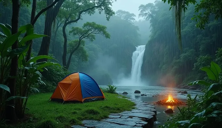 A cinematic, realistis-style video of a peaceful campsite in a lush green forest during heavy rain. A blue and orange tent is pitched on a small grassy clearing near a gently flowing river, with raindrops creating ripples on the water’s surface. A campfire...