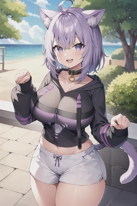 1girl, purple hair, white shorts, standing, paw pose, smile, park, outdoors, fangs, huge breasts, wide hips, thick thighs, aaokayu, short hair, ahoge, animal ears, cat tail, animal collar, black collar, collarbone, print hoodie, black hoodie, long sleeves,...