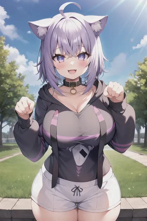 1girl, purple hair, white shorts, standing, paw pose, smile, park, outdoors, fangs, huge breasts, wide hips, thick thighs, aaokayu, short hair, ahoge, animal ears, cat tail, animal collar, black collar, collarbone, print hoodie, black hoodie, long sleeves,...