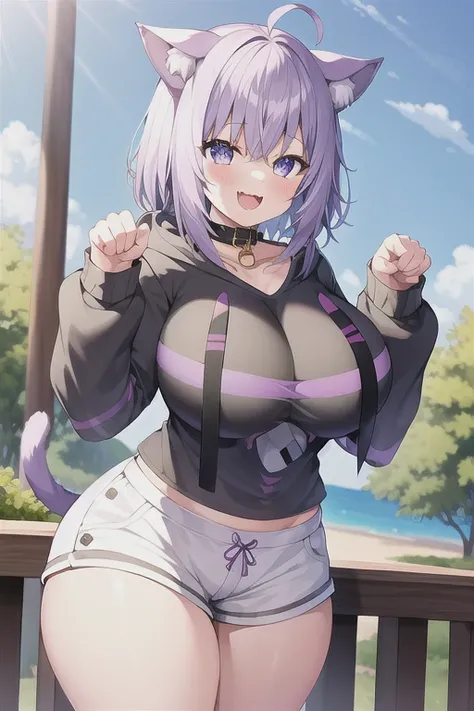 1girl, purple hair, white shorts, standing, paw pose, smile, park, outdoors, fangs, huge breasts, wide hips, thick thighs, aaokayu, short hair, ahoge, animal ears, cat tail, animal collar, black collar, collarbone, print hoodie, black hoodie, long sleeves,...