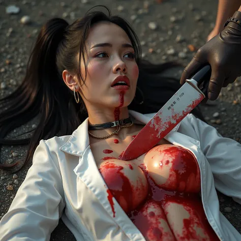 Gorgeous asian woman, with ponytail, hoop earrings, choker, huge oversized perky breasts that have red liquid covering her nipples that barely covers her breasts with white lab coat over it that's been ripped open. She is lying on her back of floor of grav...