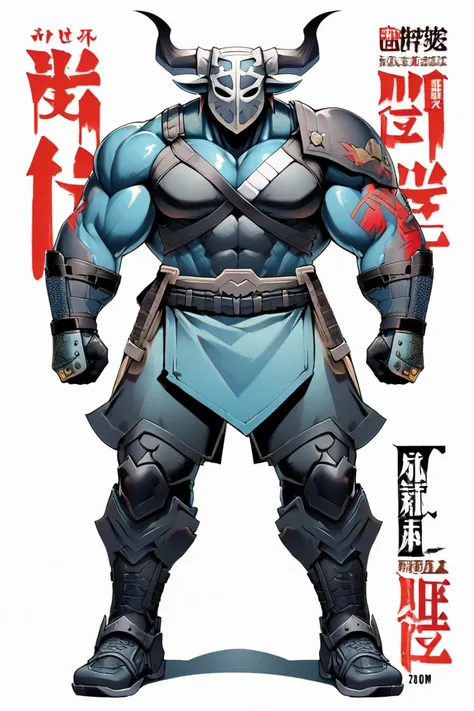  cyberpunk ninja action novel。One female ninja。((white background illustration ))。(( full body illustration))。(( standing))。Ninja mask。The Phantom of the Water Buffalo。Gray fleece。灰色の装束。The motif is a wild 。Large half-moon horn。 developed muscles。 height 2...