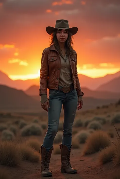 How a cowgirl , Background be a sunset, In a exchange