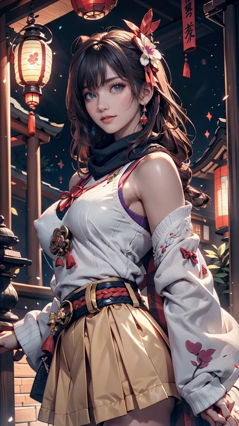 ( realistic painting style:0.9),  Masterpiece,  top quality,    is ridiculous,  is staring at the viewer, Alone, Keqing (Lantern Festival) ( Genshin Impact), Keqing ( Genshin Impact),  hair bang,  skirt,  scarf, purple   sweater  , white  skirt,  purple ha...