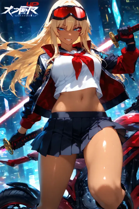 score_9, score_8_up, score_7_up, score_6_up, score_5_up, score_4_up,anime artwork masterpiece,best quality, unreal engine, ultra res, extremely detailed, One Girl,blonde hair,long hair,blue eyes,tan skin,biker goggles on head,black sailor suit,Red sailor s...