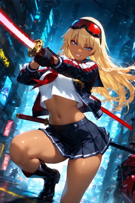 score_9, score_8_up, score_7_up, score_6_up, score_5_up, score_4_up,anime artwork masterpiece,best quality, unreal engine, ultra res, extremely detailed, One Girl,blonde hair,long hair,blue eyes,tan skin,biker goggles on head,black sailor suit,Red sailor s...