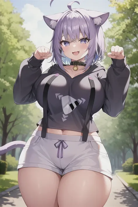 1girl, purple hair, white shorts, standing, paw pose, smile, park, outdoors, fangs, huge breasts, wide hips, thick thighs, aaokayu, short hair, ahoge, animal ears, cat tail, animal collar, black collar, collarbone, print hoodie, black hoodie, long sleeves,...