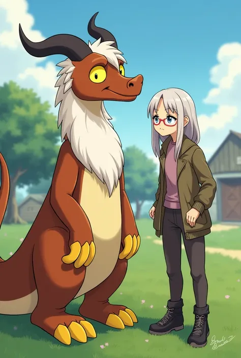 Two characters. Character 1: (dragon-like monster with goofy yellow eyes, Discord, male, white beard, lengthy body with brown fur, yellow hands, long tail). Character 2: (female, elderly, wrinkles, human, casual attire, long hair, glasses). Character 1 is ...