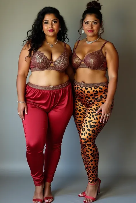 Two  40 year  old  desi Andhra  married womens looking at the viewer, white skin,wearing shiny glossy and reflective finish polyester plus size transparent  colour silk  leggings .design  and multi  colour panther and  zebra design  on silk lacy  bra , big...