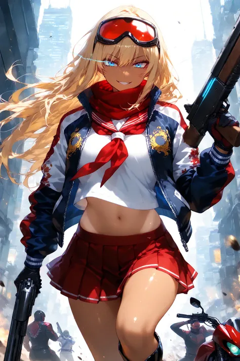 score_9, score_8_up, score_7_up, score_6_up, score_5_up, score_4_up,anime artwork masterpiece,best quality, unreal engine, ultra res, extremely detailed, One Girl,blonde hair,long hair,blue eyes,glowing eye trail,tan skin,biker goggles on head,black sailor...