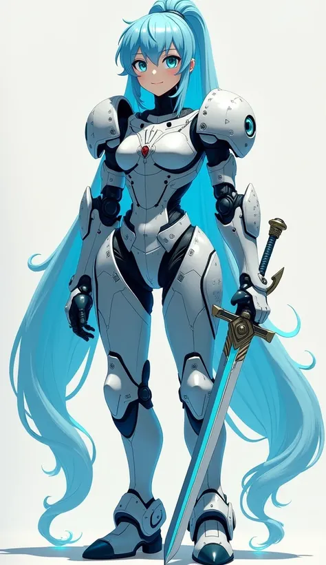 Japanese digital art. A futuristic girl robot made of translucent blue slime stands proudly, wearing a suit of armor. She holds a sword in one hand, exuding confidence and strength. Her gentle smile adds warmth to her determined presence, creating a unique...