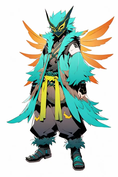  cyberpunk ninja action novel。solo ninja 。((white background illustration ))。(( full body illustration))。(( standing))。A ninja mask reminiscent of a bird。Tsubame's Beast Man。 Bird Wings on Back。Wild costumes。 height 170 cm 。Wear a sword around your waist。