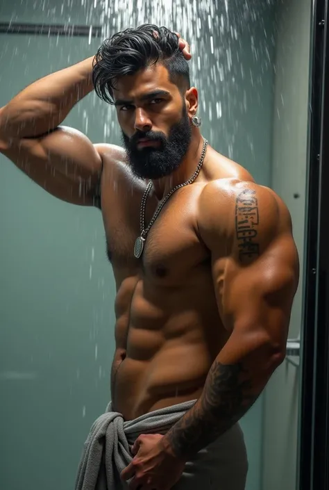 A highly muscular and well-defined Indian male fitness model with a perfectly sculpted, toned physique. His broad, hairy chest, chiseled abs, and strong, defined arms radiate power and sex appeal. His muscles appear naturally toned and highly realistic, wi...