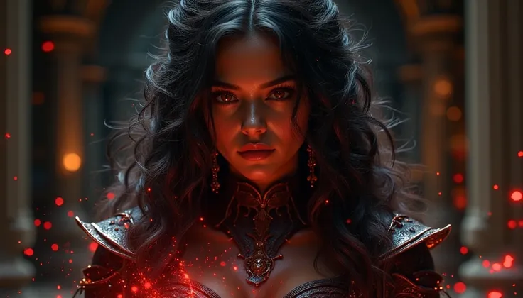 A flash of crimson cuts through the gloom as Ezmerelda d'Avenir steps out from the shadows. Her face, framed by a cascade of raven curls, is etched with determination, her olive skin weathered by years on the road. Despite the hardships, her amber eyes sti...