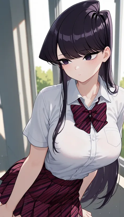 masterpiece,best quality,newest,absurdres,highres,komi_shouko,1girl, black eyes, purple eyes, long hair, black hair, large breasts, school uniform, school uniform