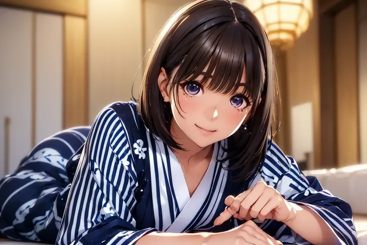  annegersacki no、艶やかな Hair,  short hair, (  beautiful brown eyes  、Sparkling Eyes, fine grain)、smile、 super detailed eyes、 highly detailed faces at a pachinko parlor,   Extremely Detailed Eyes ,( 1 woman:1.4)  ( shortcuts)  ( Hair)  , (navy blue and white ...